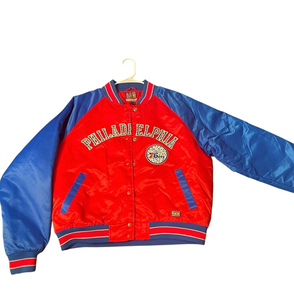 Women’s NBA Hardwood Classics Philly Red Blue Satin Snapup Jacket Size Large